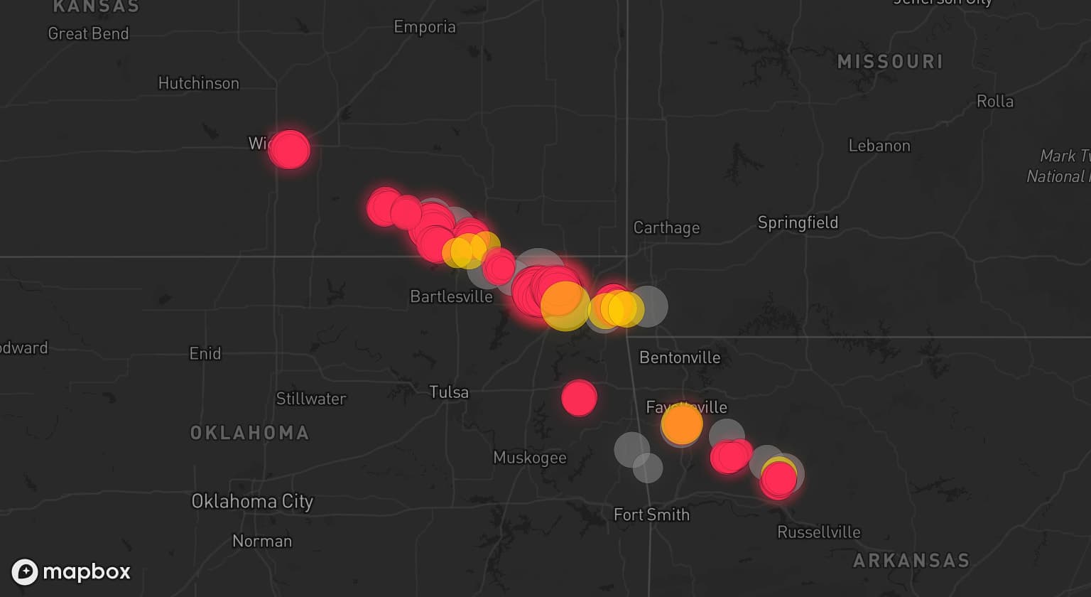 Storm map for 14 areas across Oklahoma, Kansas, Arkansas, and Missouri