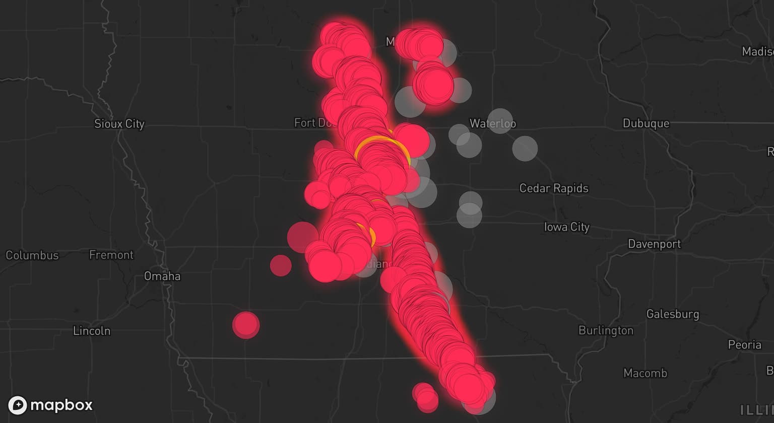 Storm map for 32 areas across Iowa and Missouri