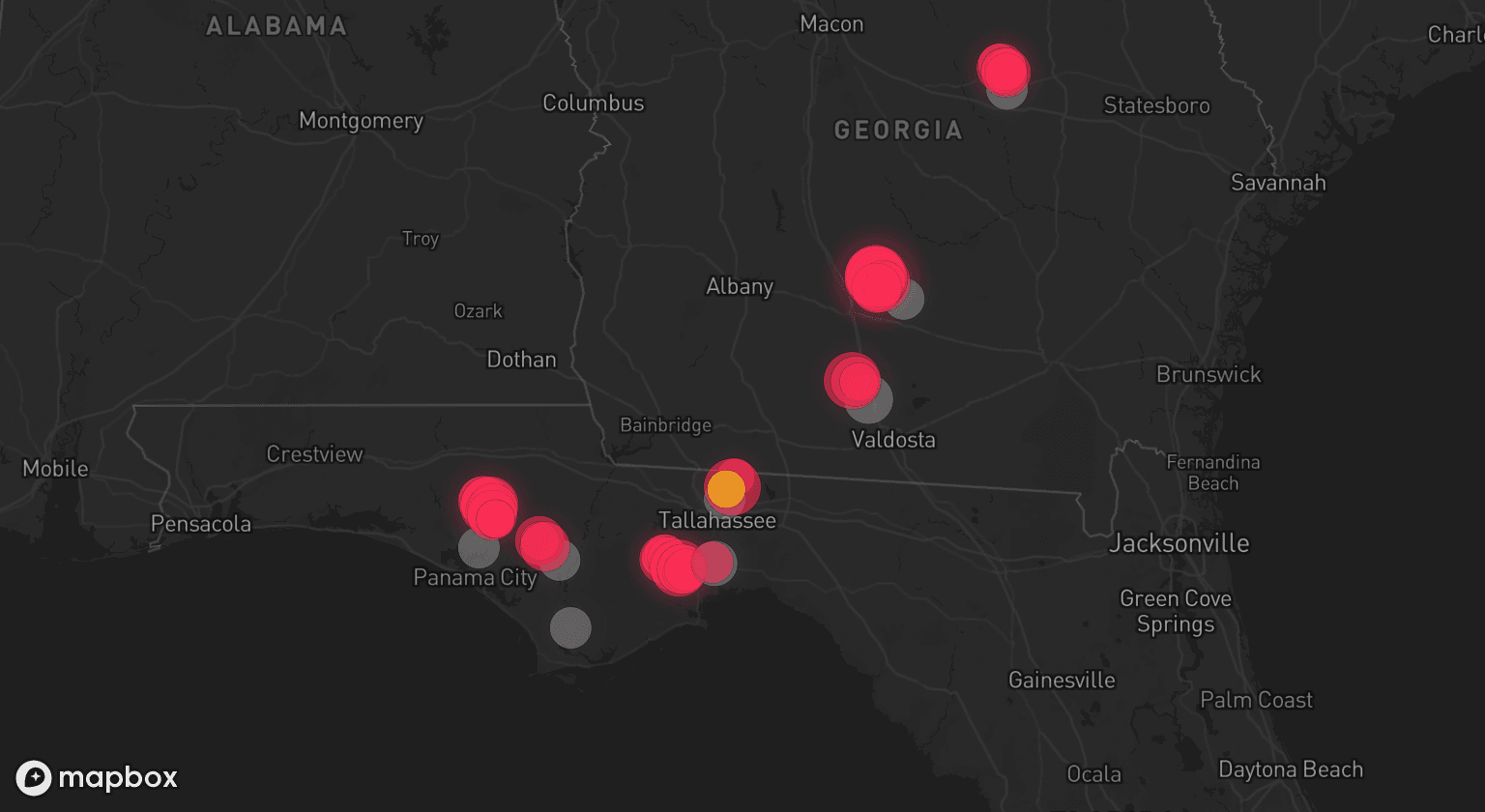 Storm map for 8 areas across Georgia and Florida