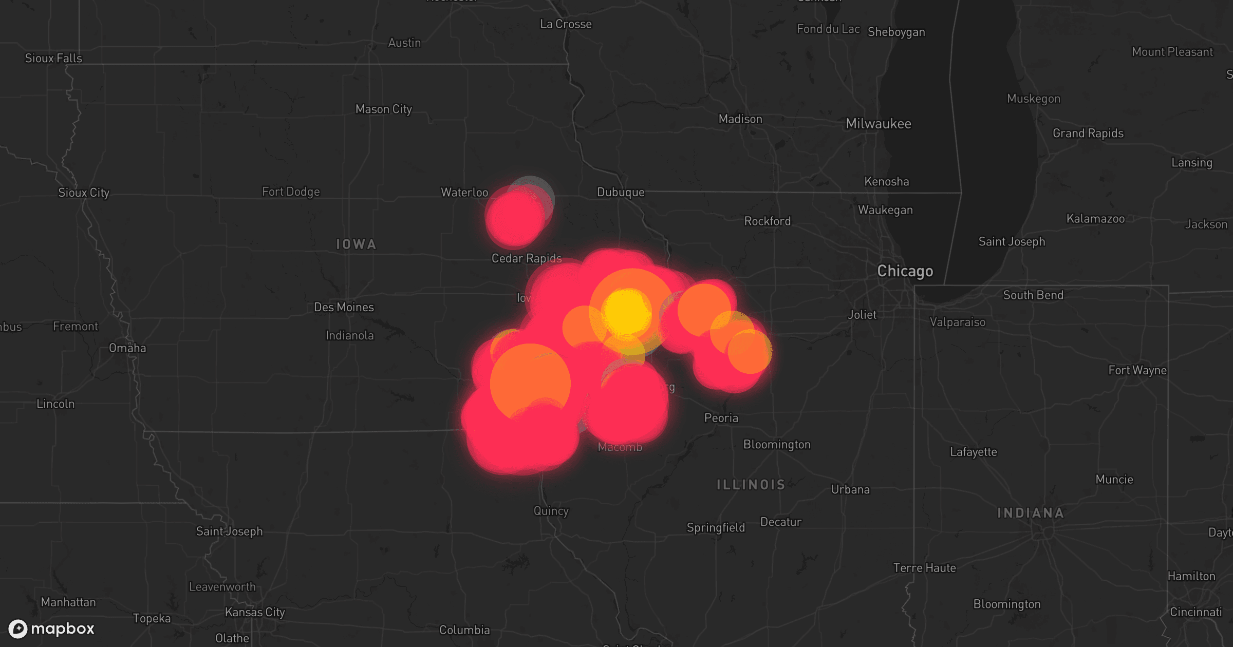 Storm map for 43 areas across Wisconsin, Iowa, Illinois, Missouri, and Kansas