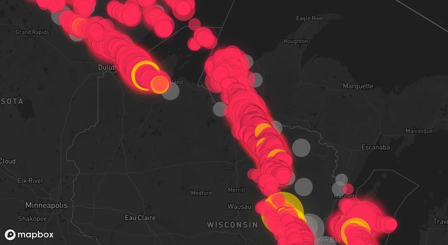 Storm map for 40 areas across Wisconsin, Minnesota, and Michigan