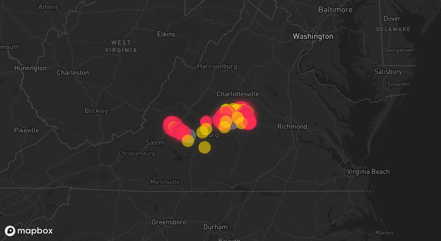 Storm map for 2 areas across Virginia