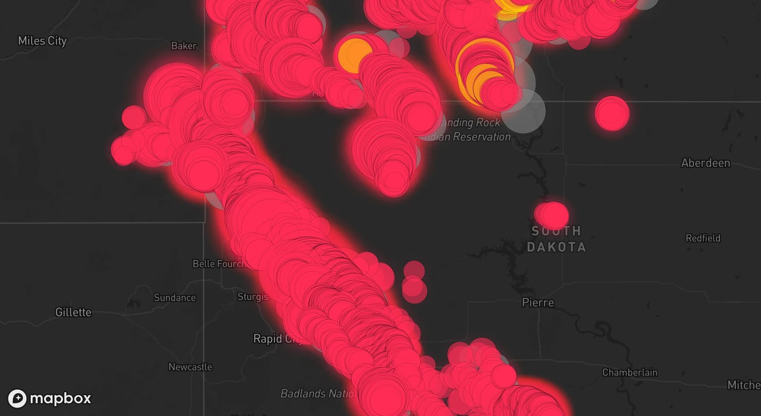 Storm map for 57 areas across South Dakota, North Dakota, Montana, and Nebraska