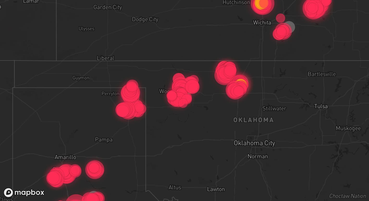 Storm map for 13 areas across Kansas, Texas, and Oklahoma