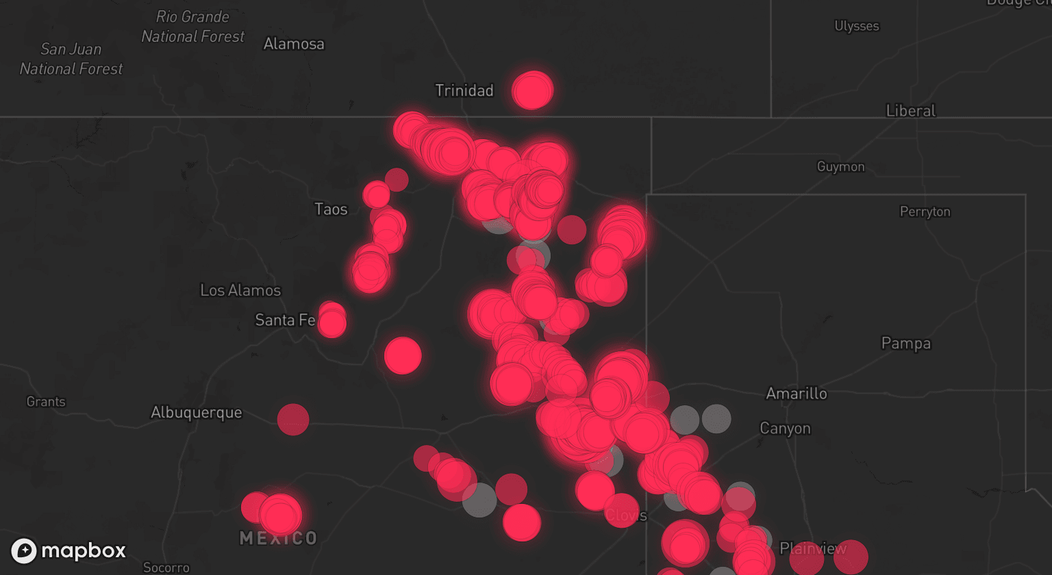 Storm map for 13 areas across New Mexico and Texas