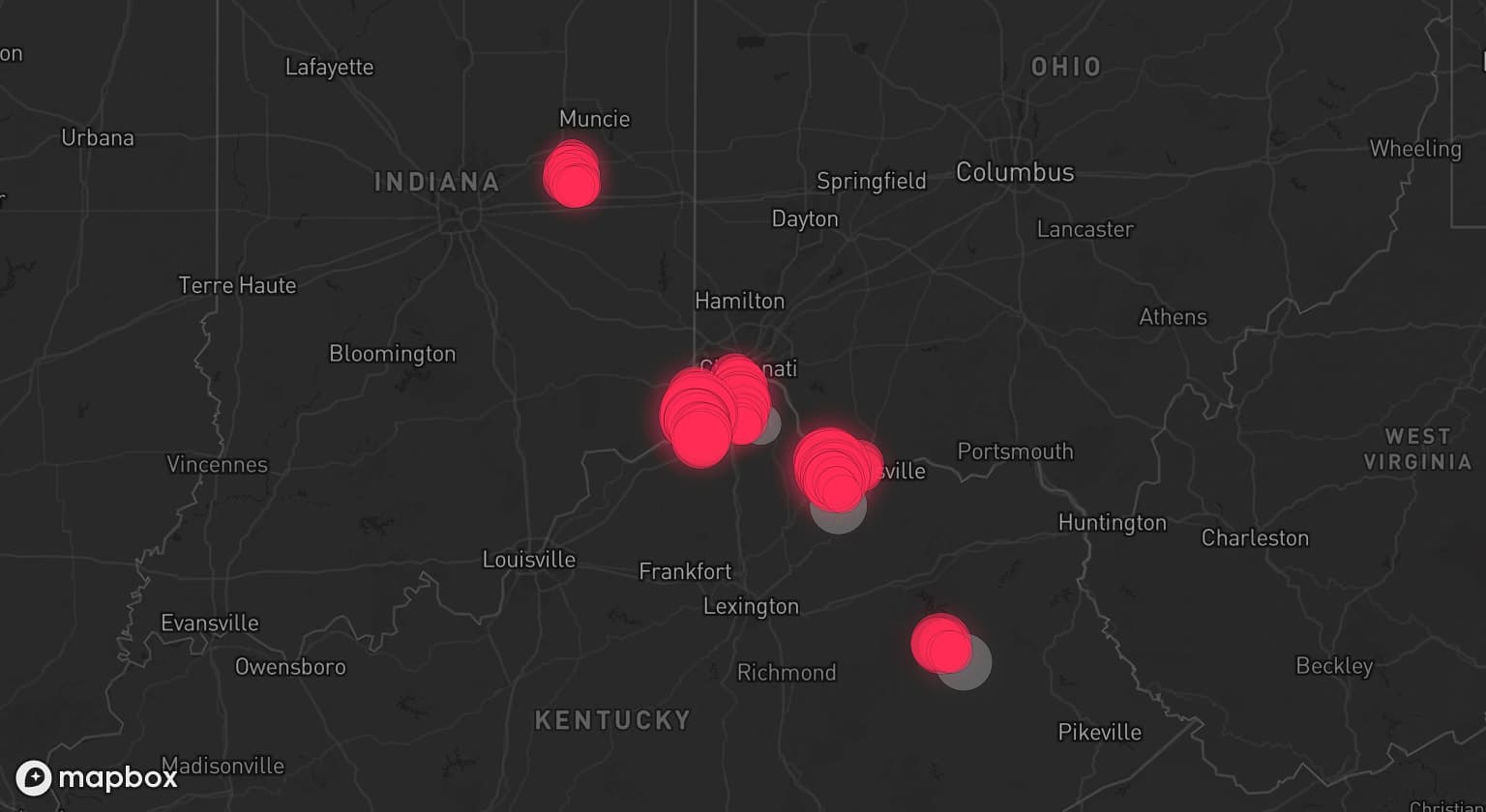 Storm map for 6 areas across Kentucky and Indiana