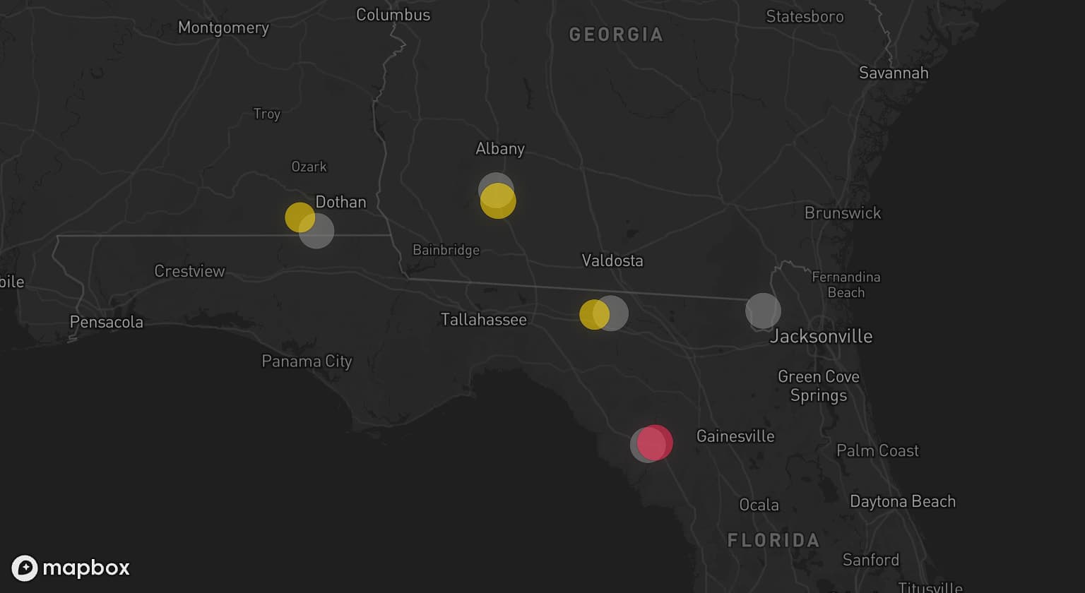 Storm map for 5 areas across Florida, Georgia, and Alabama