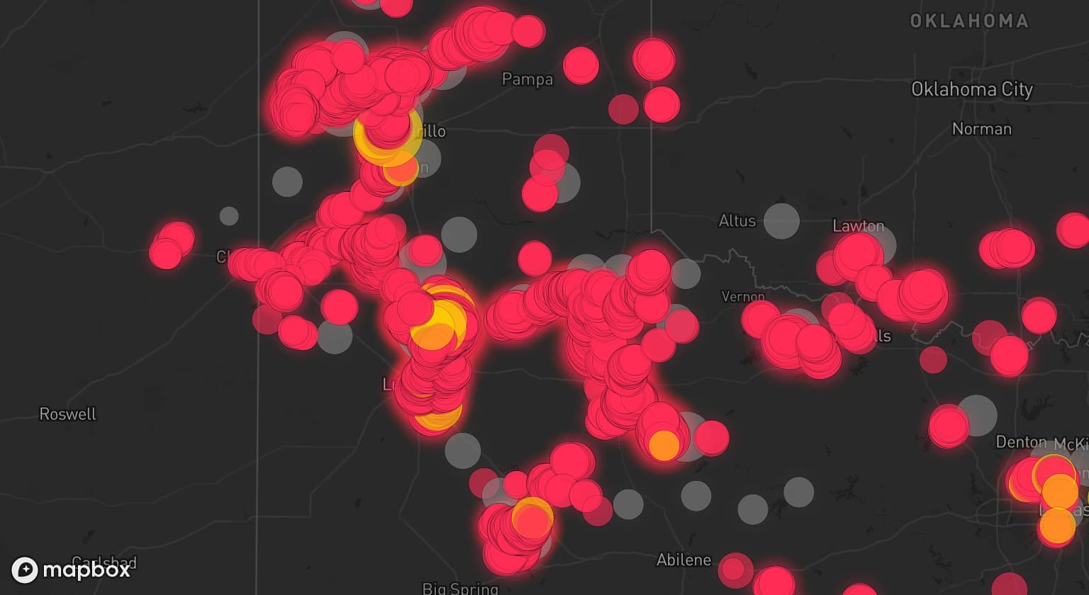 Storm map for 49 areas across Texas, Oklahoma, and New Mexico