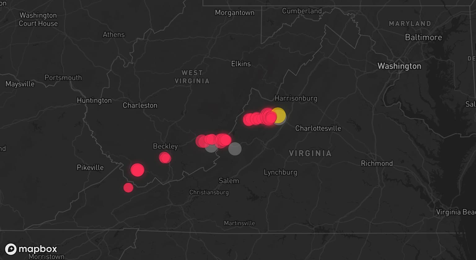 Storm map for 3 areas across Virginia and West Virginia