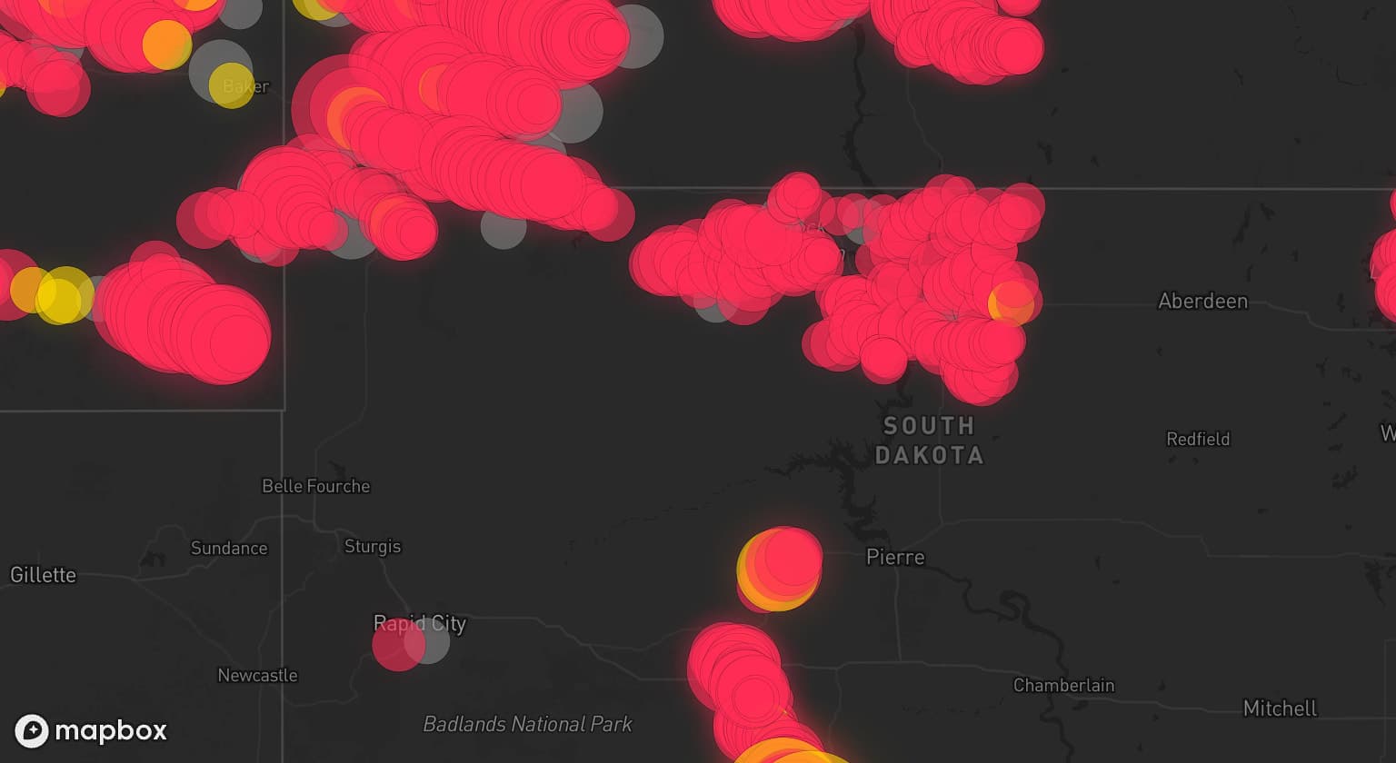 Storm map for 50 areas across South Dakota, Montana, Nebraska, North Dakota, and Minnesota