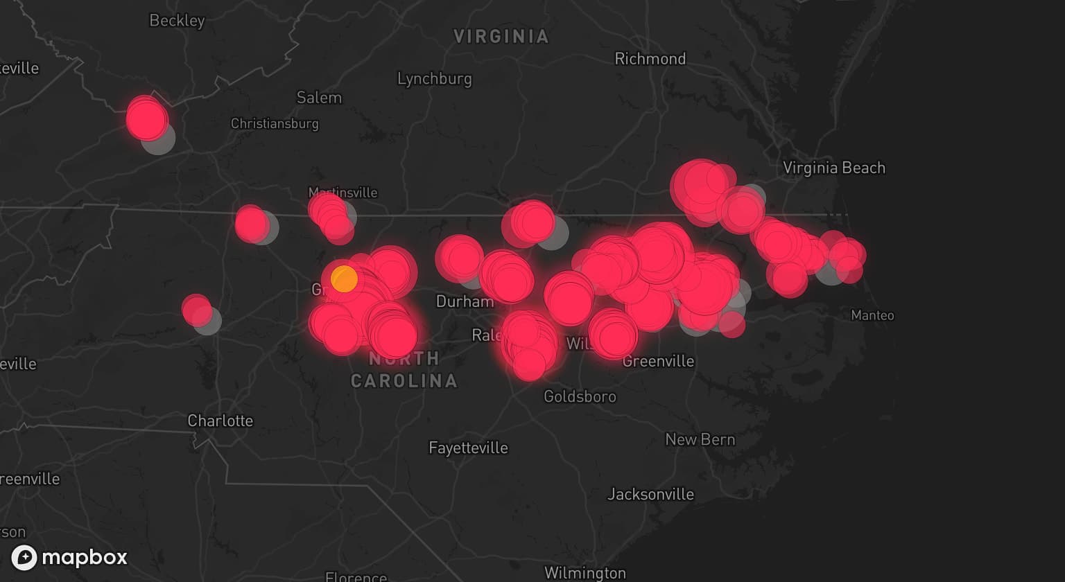 Storm map for 23 areas across North Carolina and Virginia