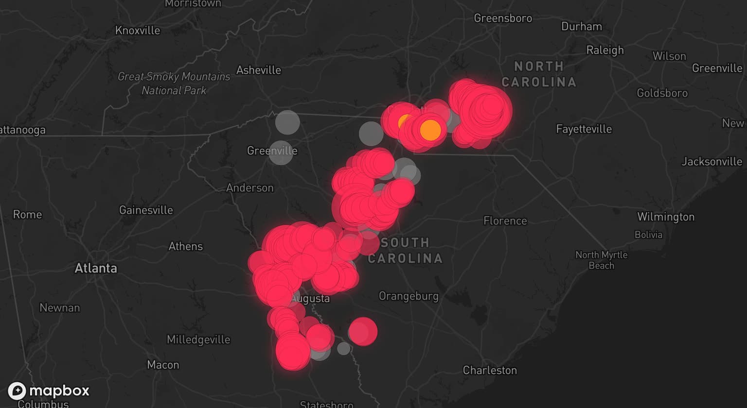 Storm map for 27 areas across North Carolina, South Carolina, and Georgia