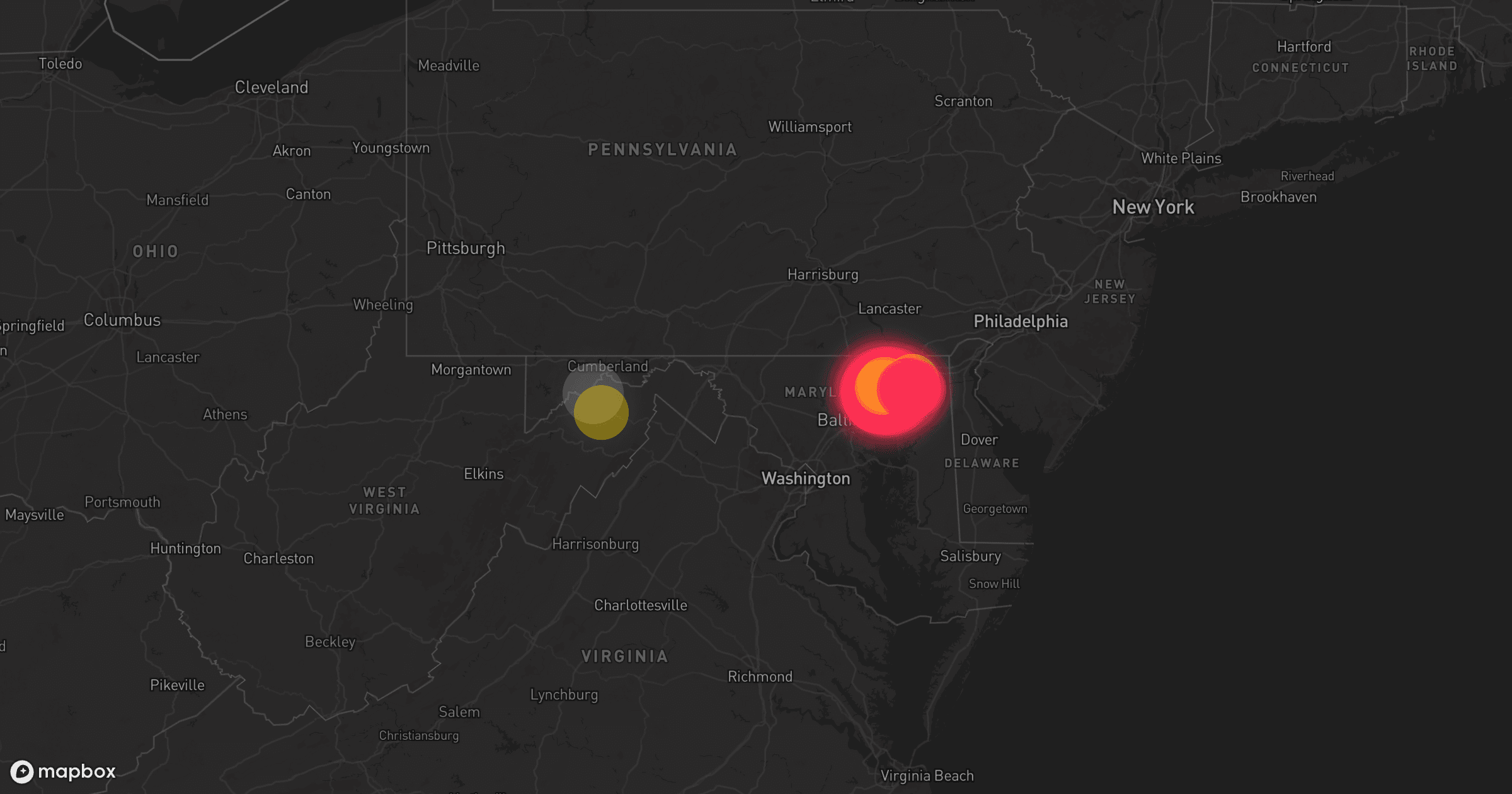 Storm map for 9 areas across Pennsylvania, Maryland, New Jersey, and West Virginia