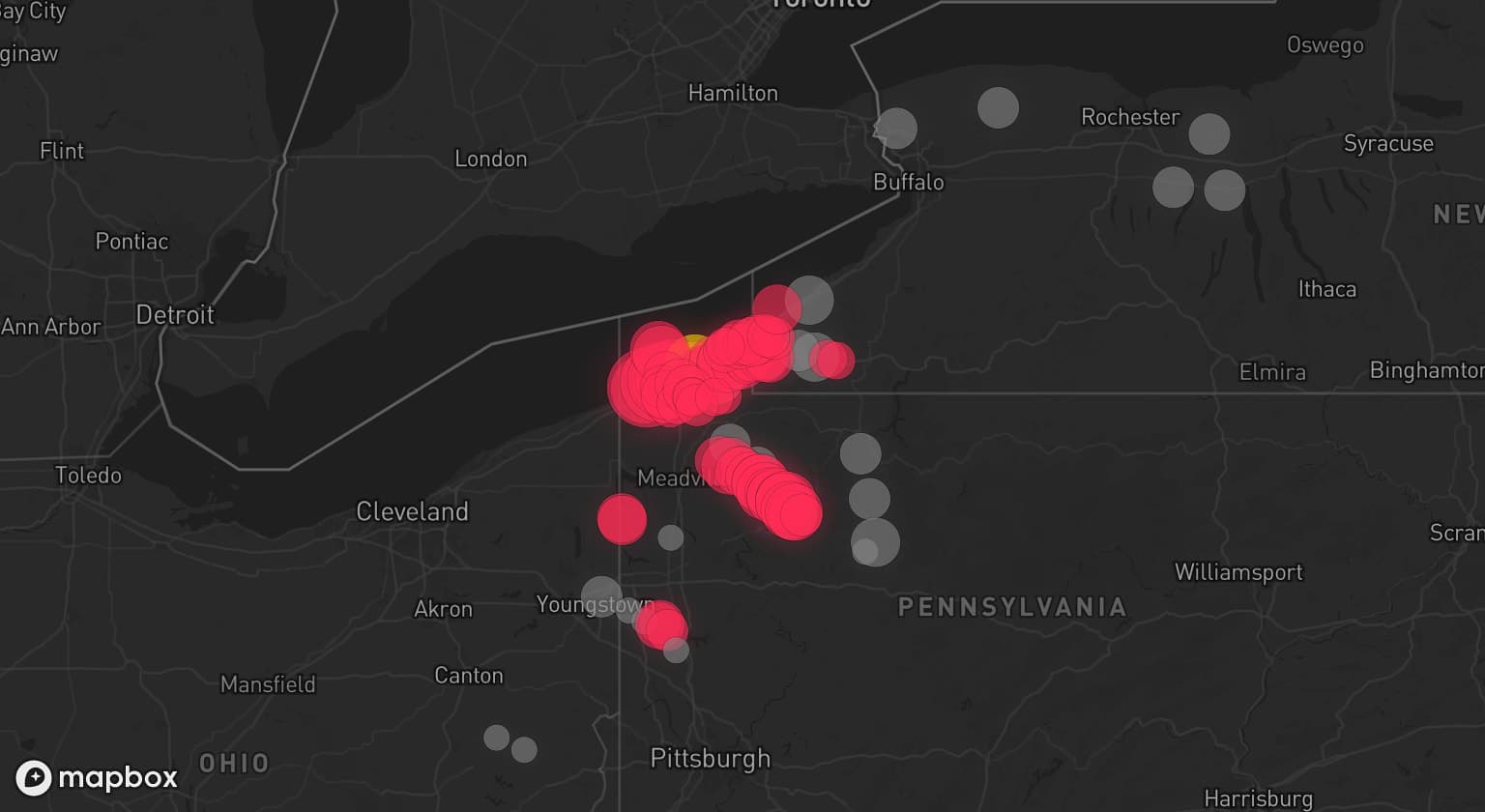Storm map for 23 areas across Pennsylvania, New York, and Ohio