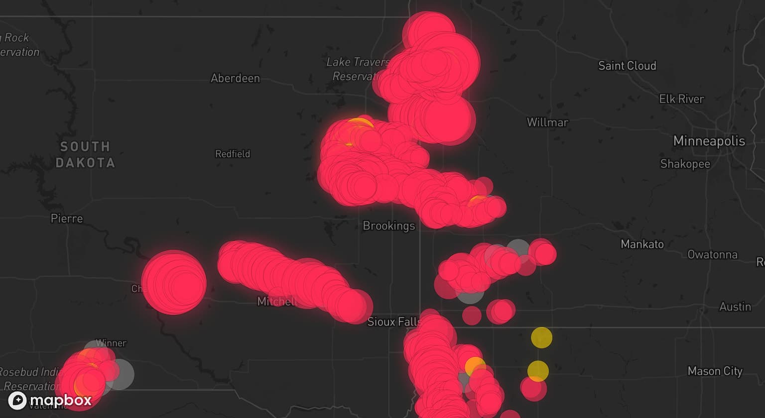 Storm map for 26 areas across Minnesota, South Dakota, Iowa, and Nebraska