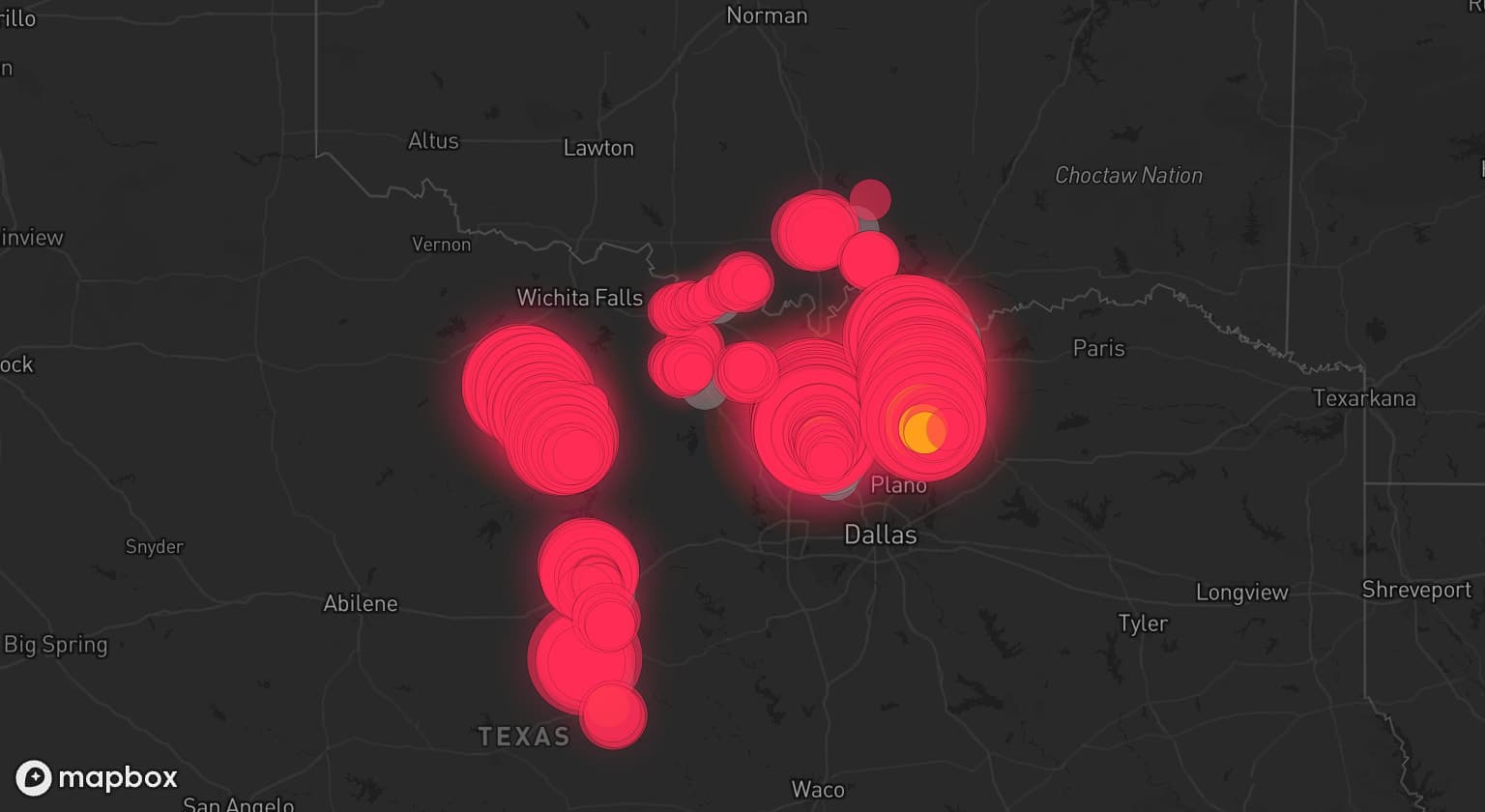 Storm map for 15 areas across Texas and Oklahoma