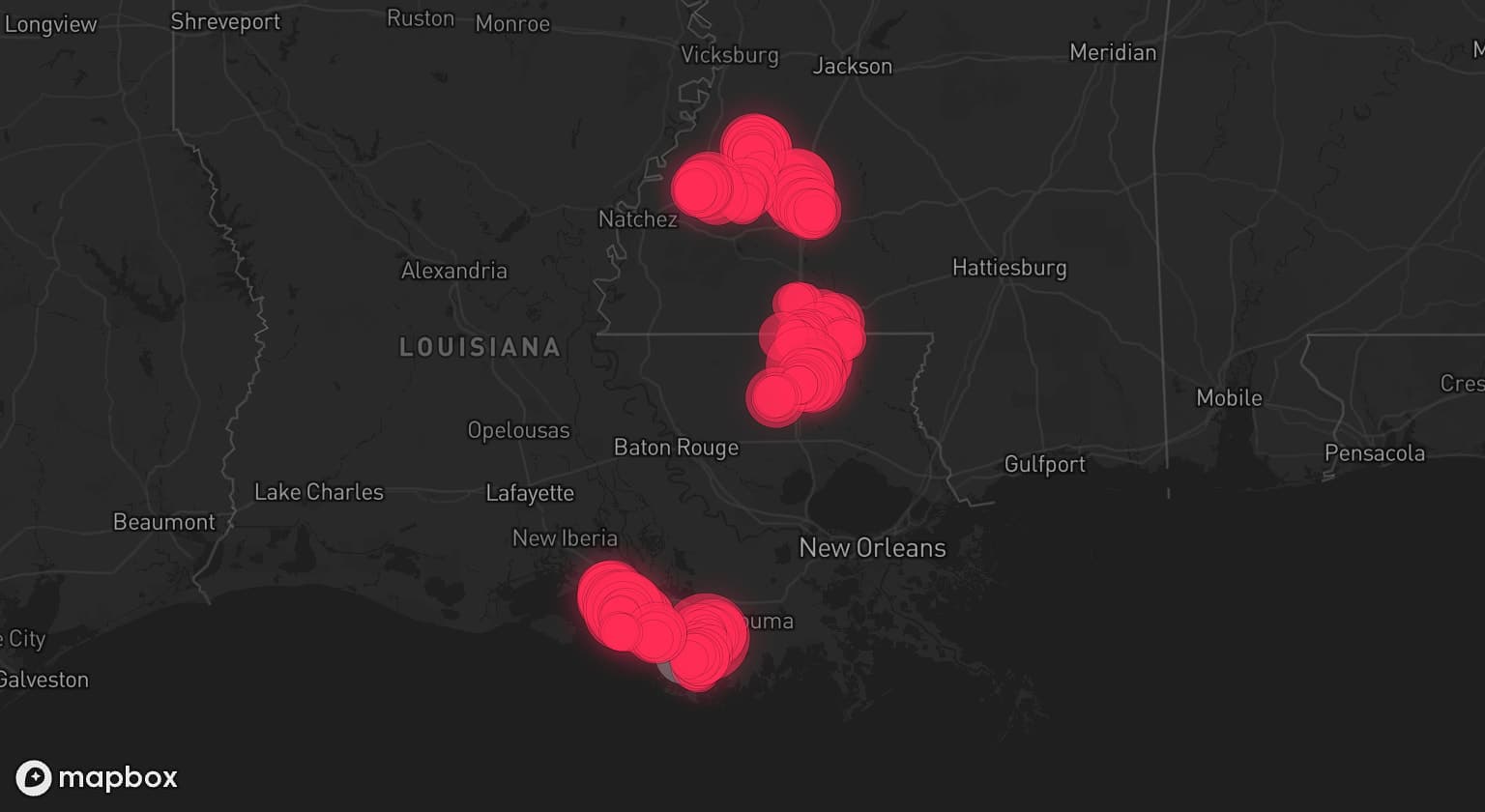Storm map for 4 areas across Louisiana and Mississippi