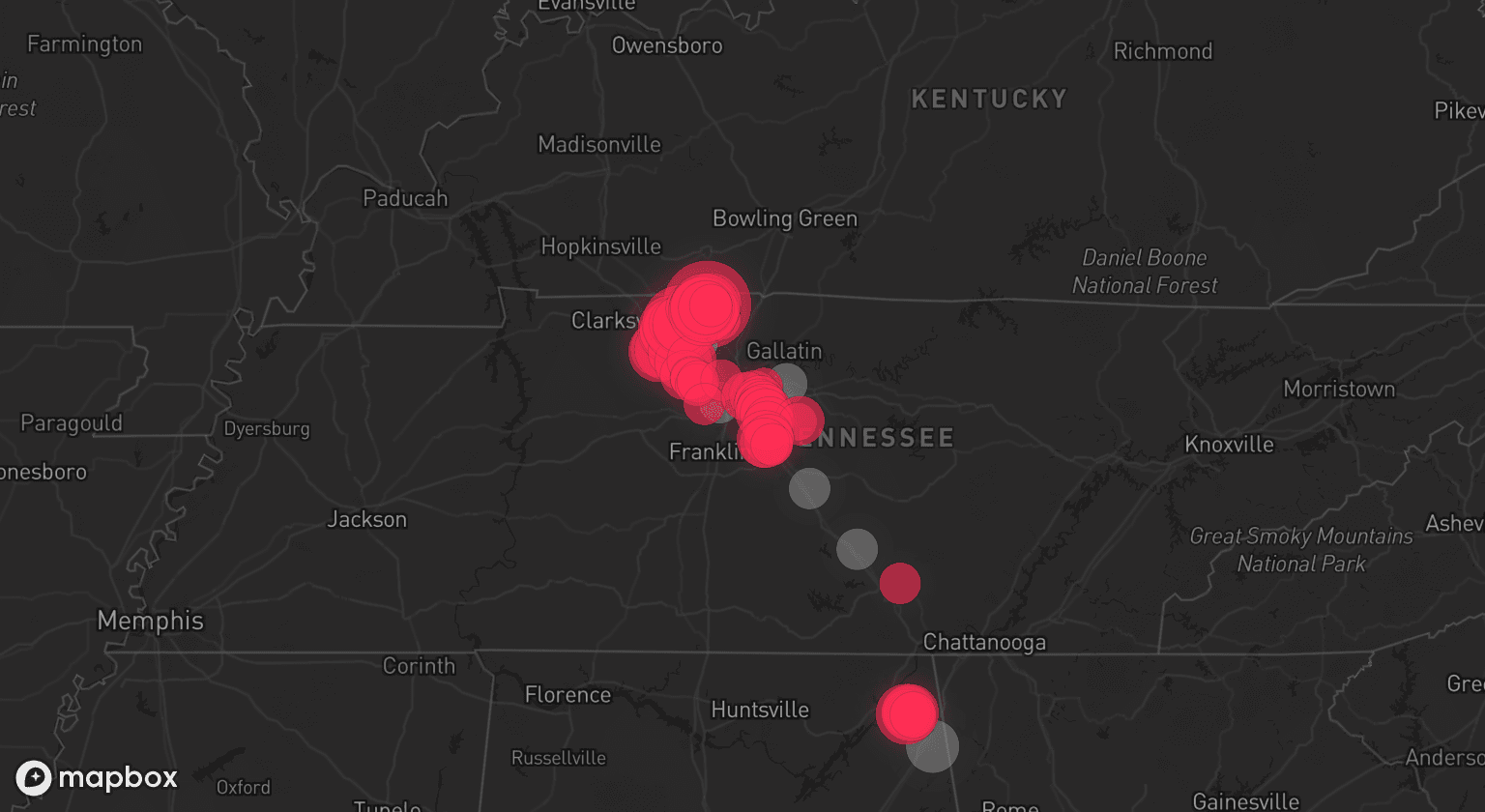Storm map for 6 areas across Alabama and Tennessee