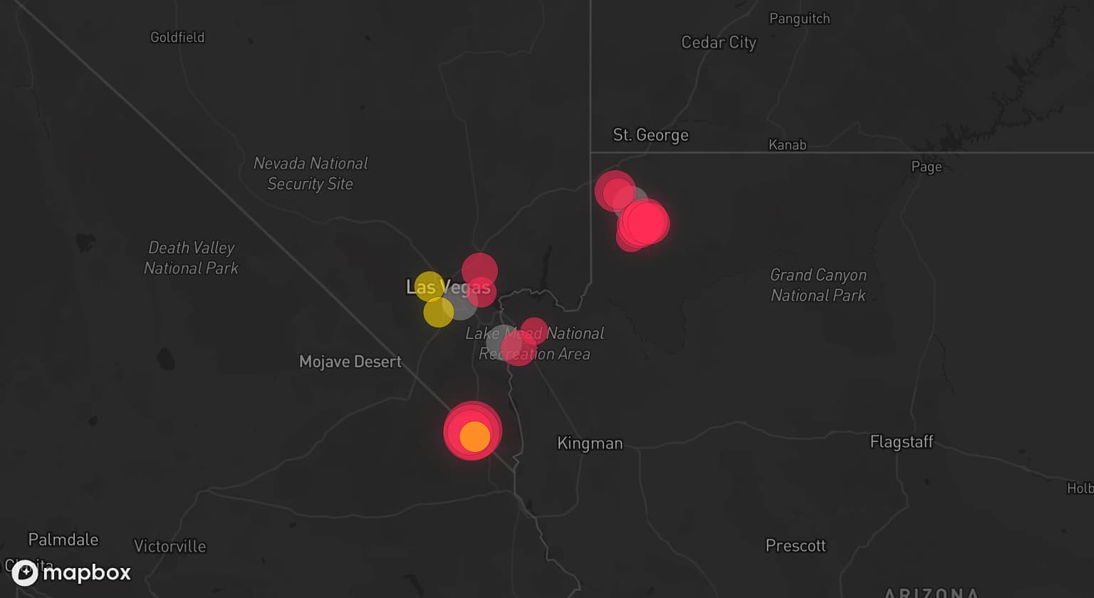 Storm map for 4 areas across Nevada, California, and Arizona