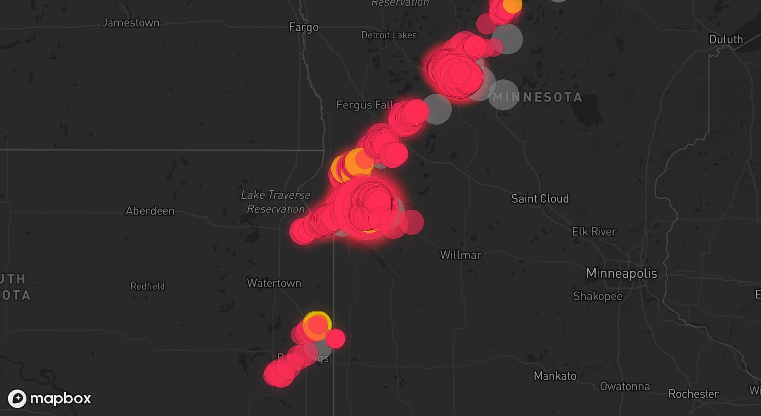 Storm map for 18 areas across Minnesota, Iowa, and South Dakota