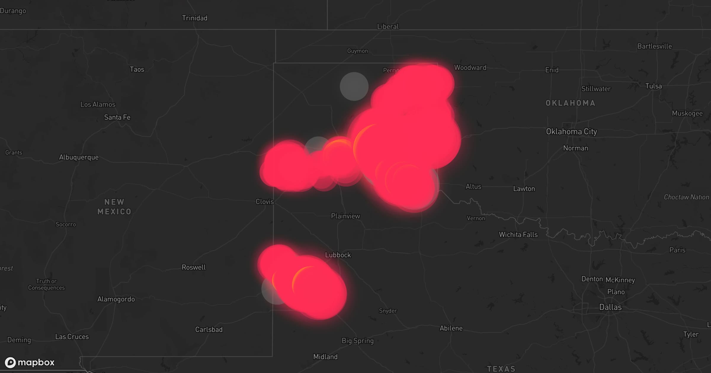 Storm map for 44 areas across Oklahoma, Texas, and New Mexico