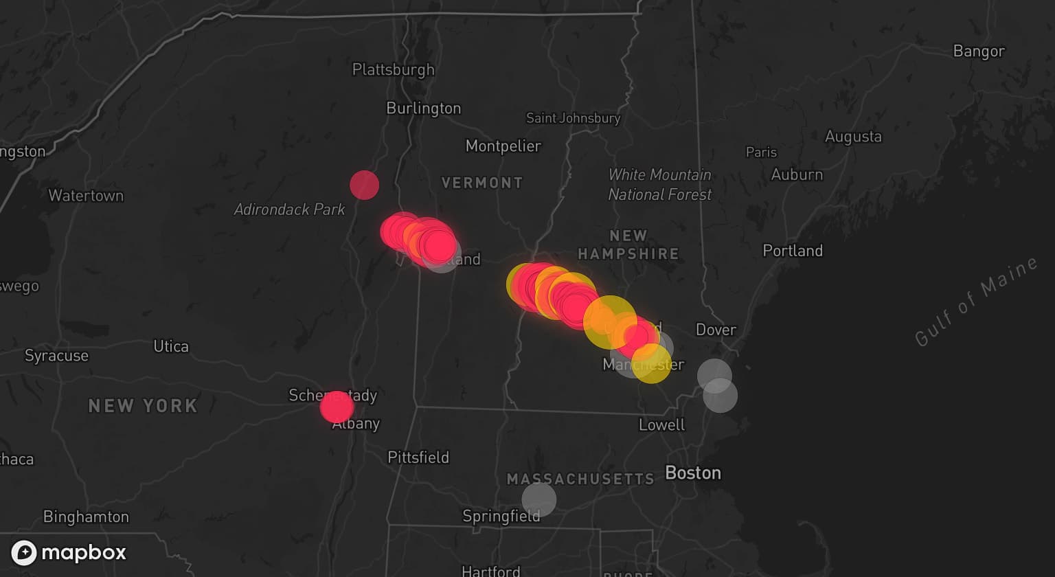 Storm map for 9 areas across New Hampshire, Vermont, and Massachusetts