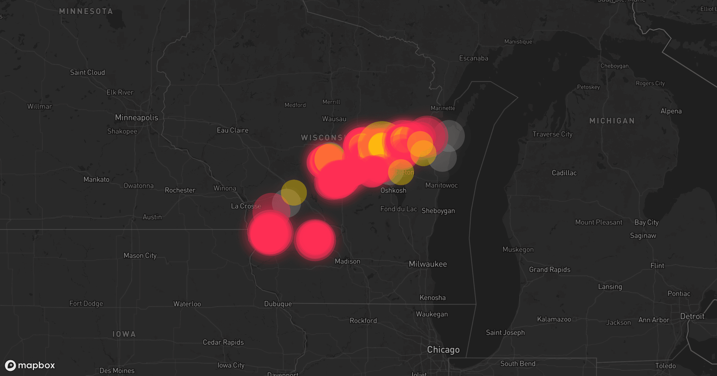 Storm map for 12 areas across Wisconsin