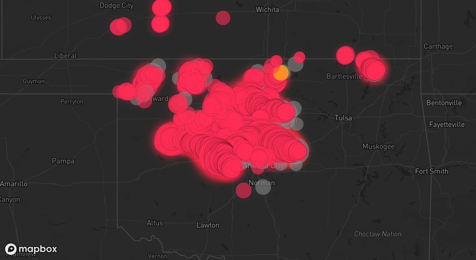 Storm map for 47 areas across Oklahoma