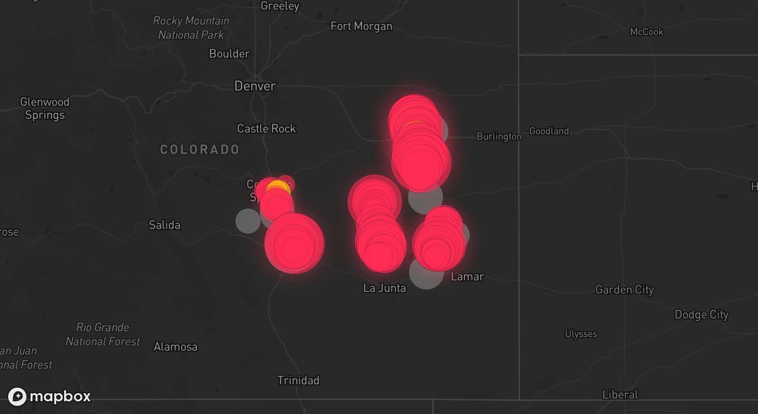 Storm map for 13 areas across Colorado