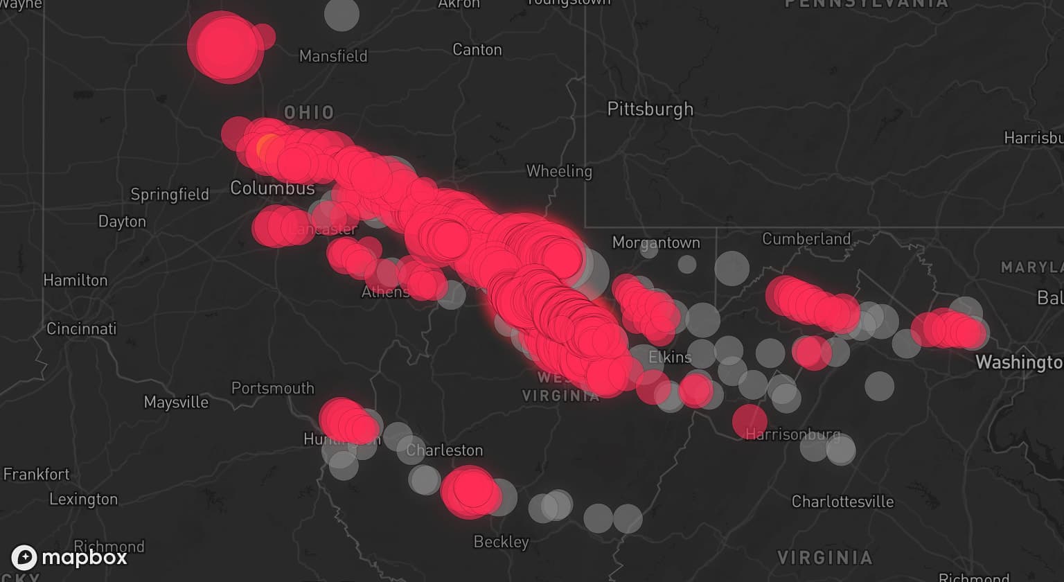 Storm map for 72 areas across West Virginia, Ohio, Virginia, and Maryland