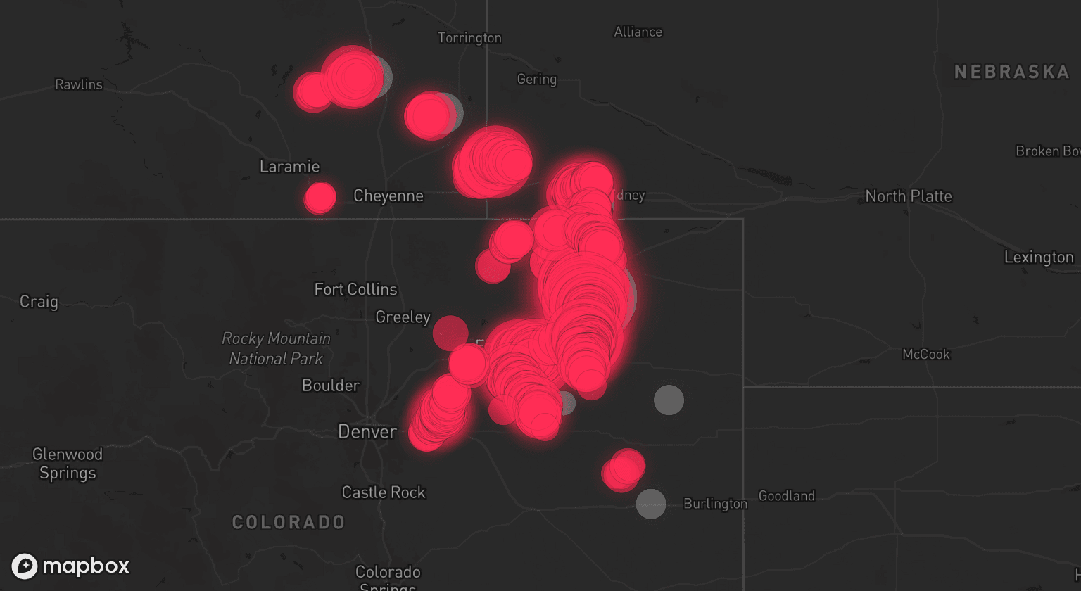 Storm map for 12 areas across Colorado, Nebraska, and Wyoming