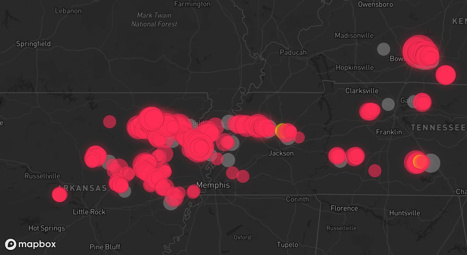 Storm map for 23 areas across Kentucky, Tennessee, Arkansas, and Missouri