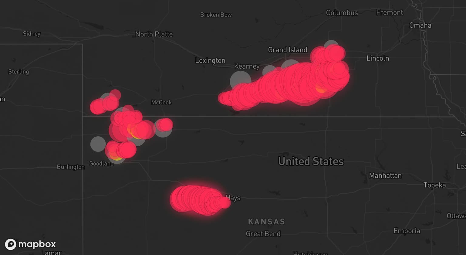 Storm map for 16 areas across Nebraska and Kansas