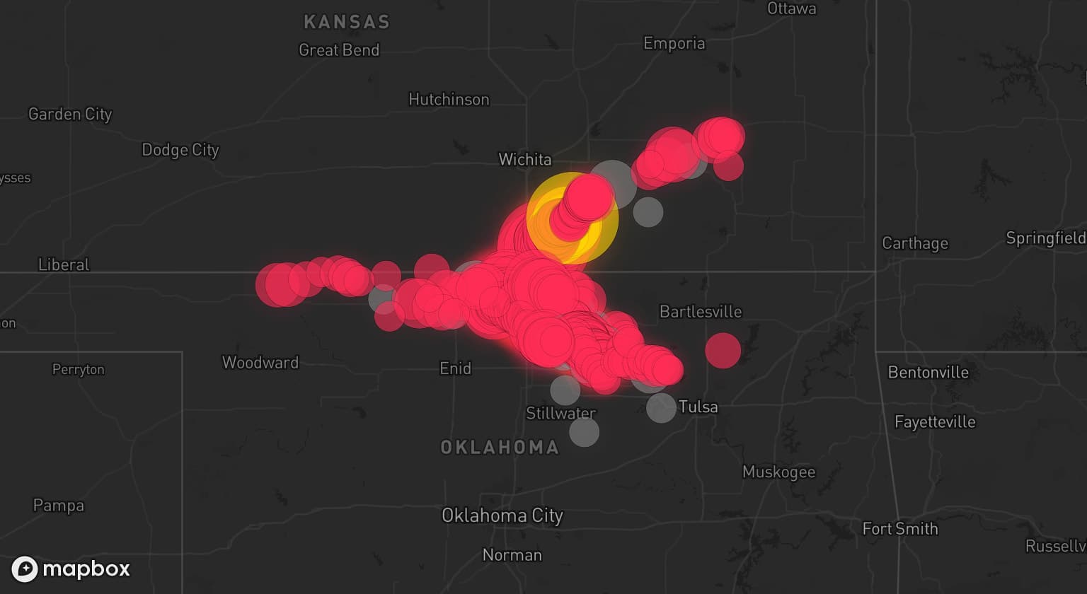 Storm map for 23 areas across Kansas and Oklahoma