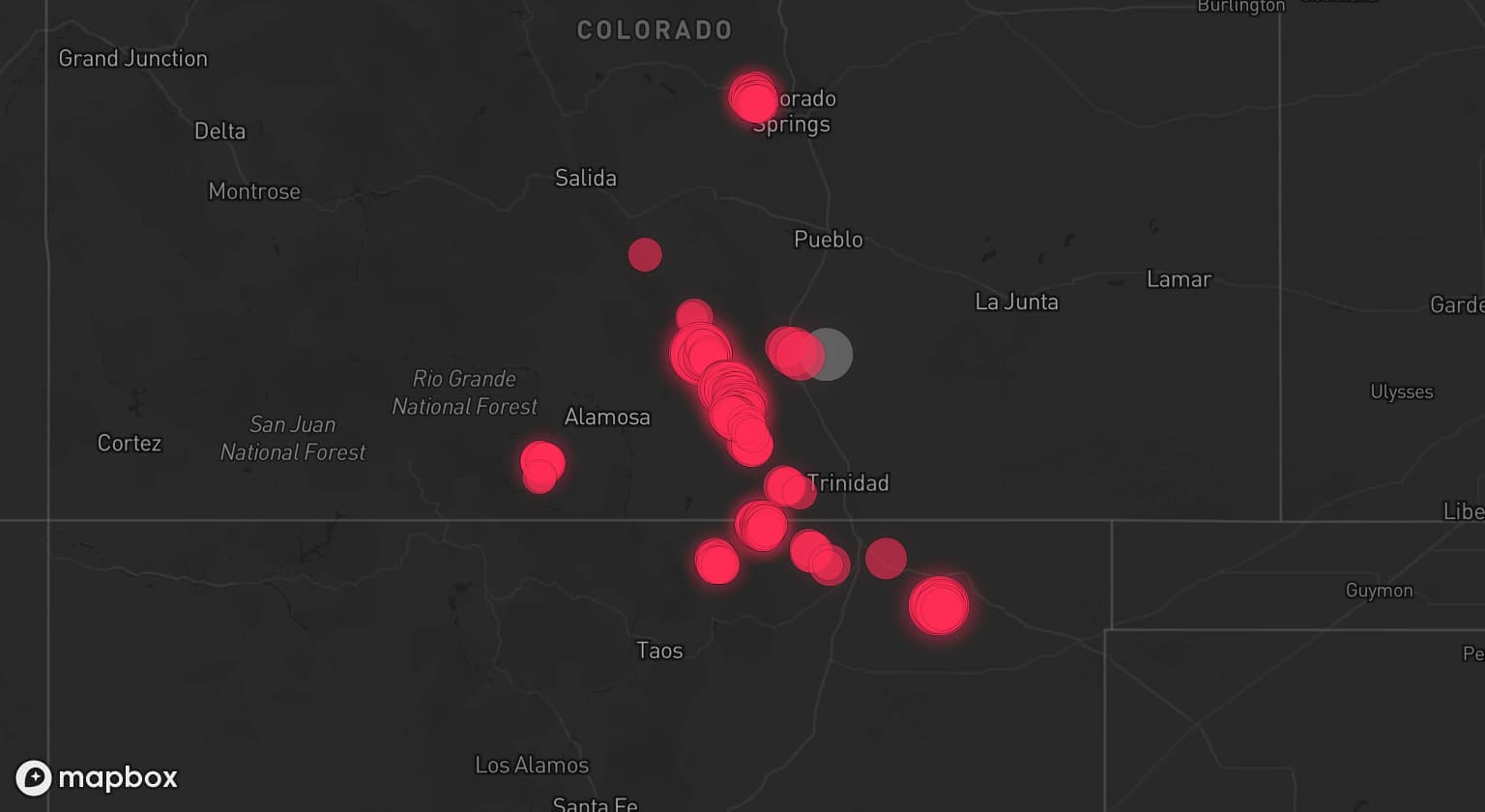 Storm map for the Huerfano County, CO area