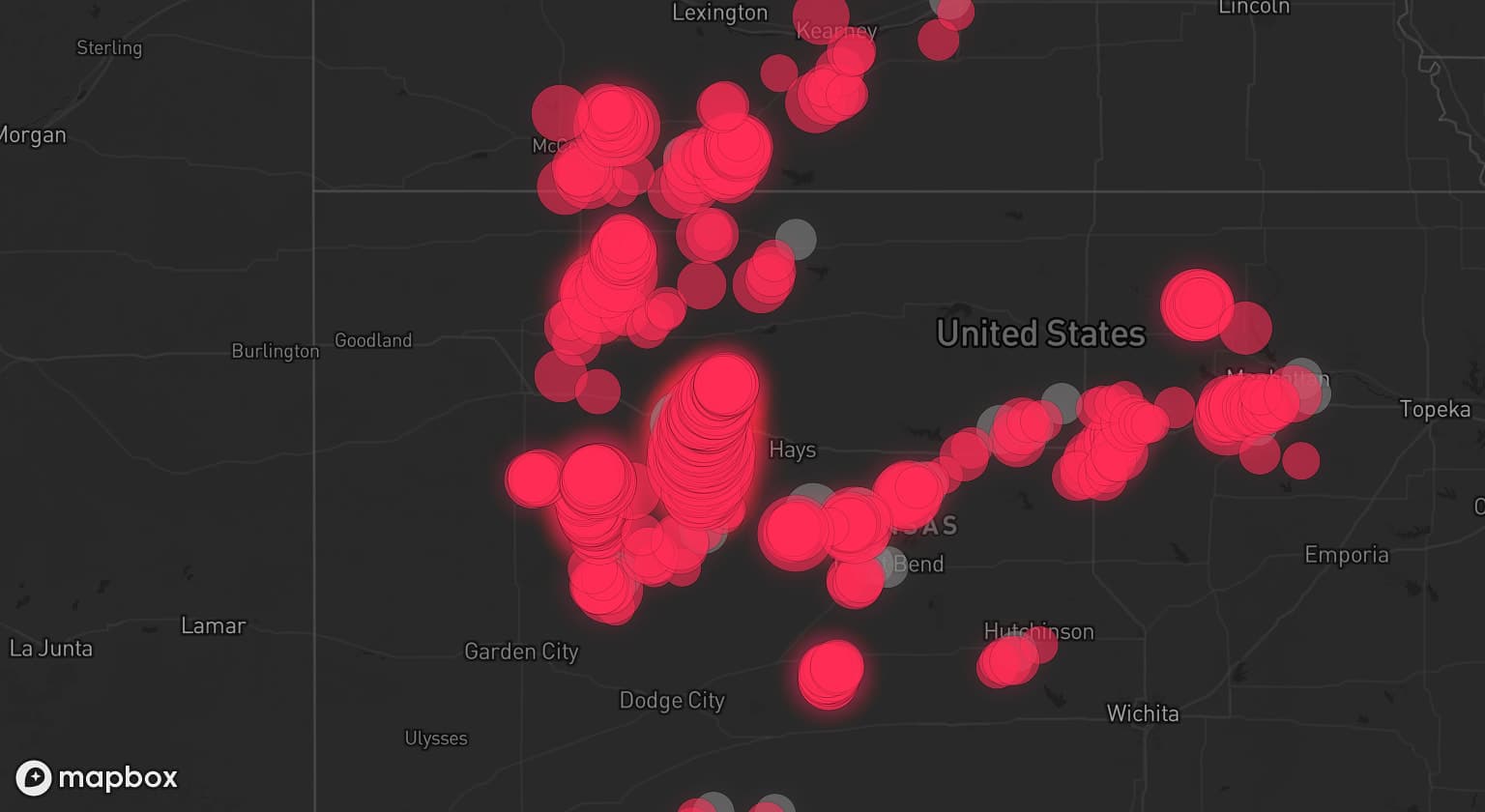 Storm map for 25 areas across Kansas and Nebraska