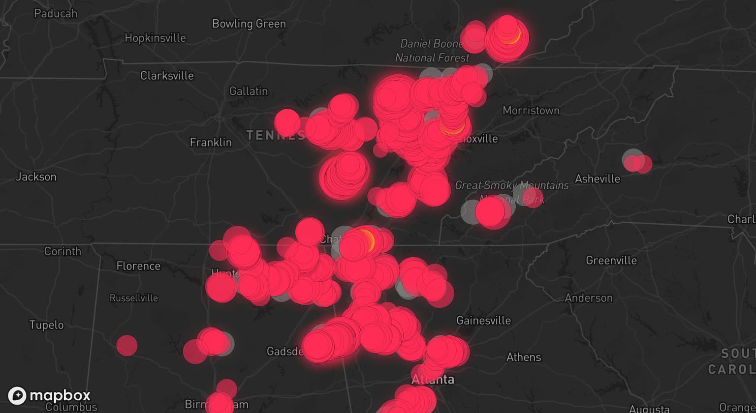 Storm map for 47 areas across Tennessee, Alabama, Georgia, North Carolina, and Kentucky