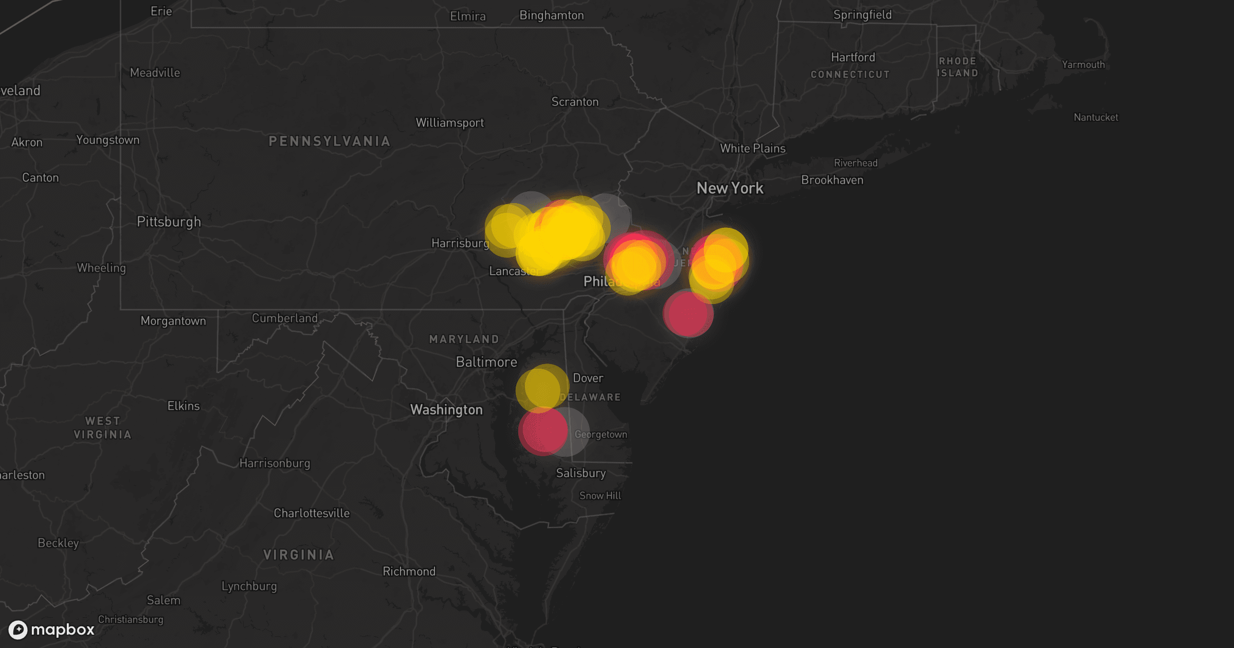 Storm map for 9 areas across Pennsylvania, New Jersey, and Maryland