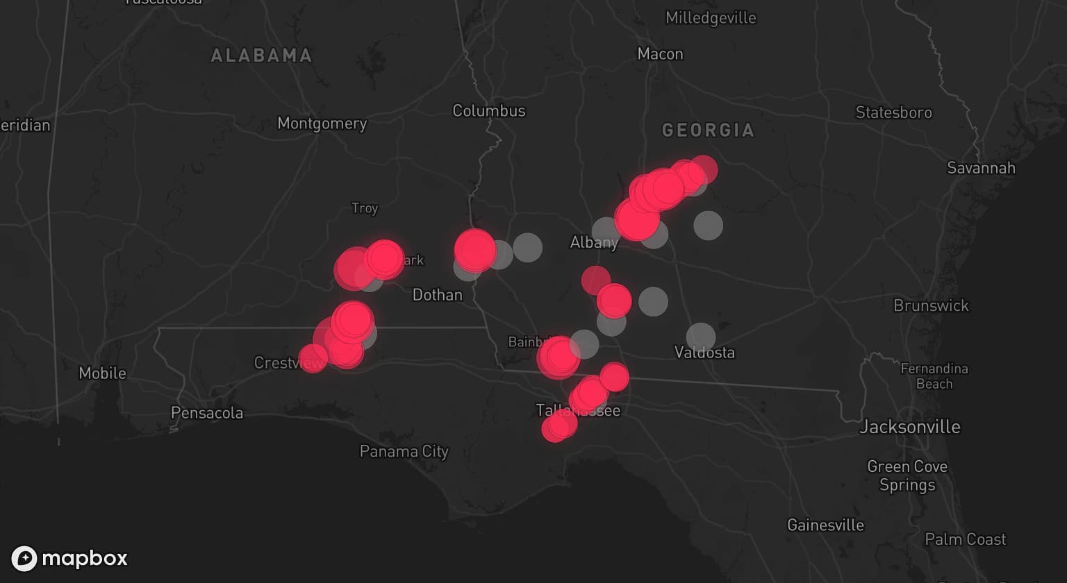 Storm map for 14 areas across Florida, Alabama, and Georgia