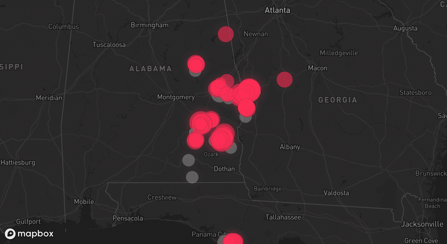 Storm map for 15 areas across Alabama, Florida, and Georgia