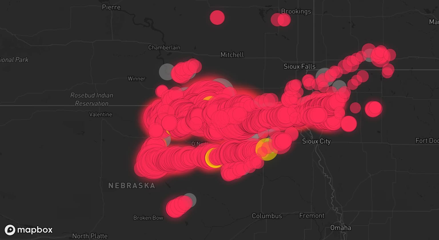 Storm map for 32 areas across Nebraska, South Dakota, Iowa, and Minnesota