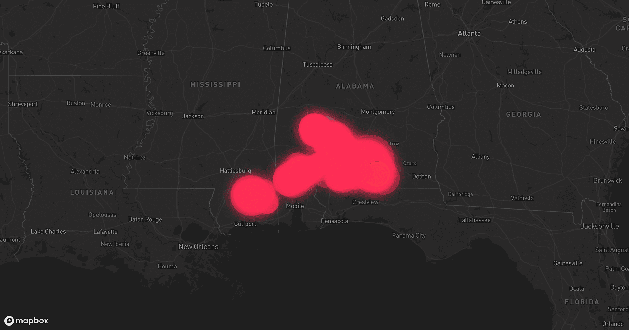 Storm map for 12 areas across Alabama, Mississippi, and Florida