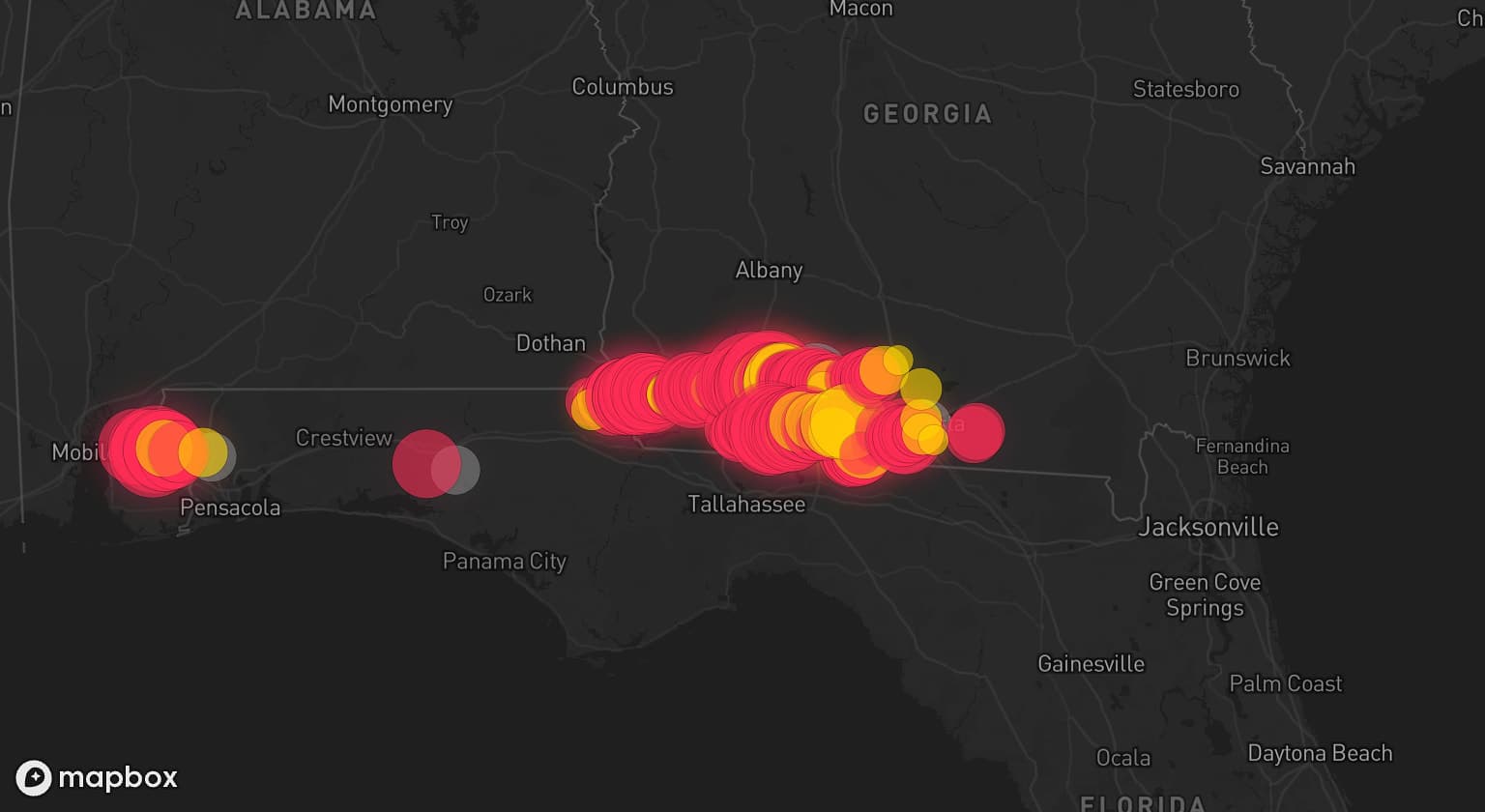 Storm map for 9 areas across Georgia, Alabama, and Florida