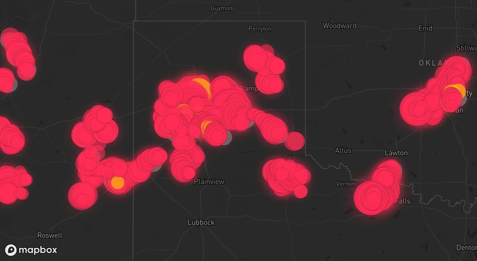 Storm map for 36 areas across Texas, New Mexico, and Oklahoma