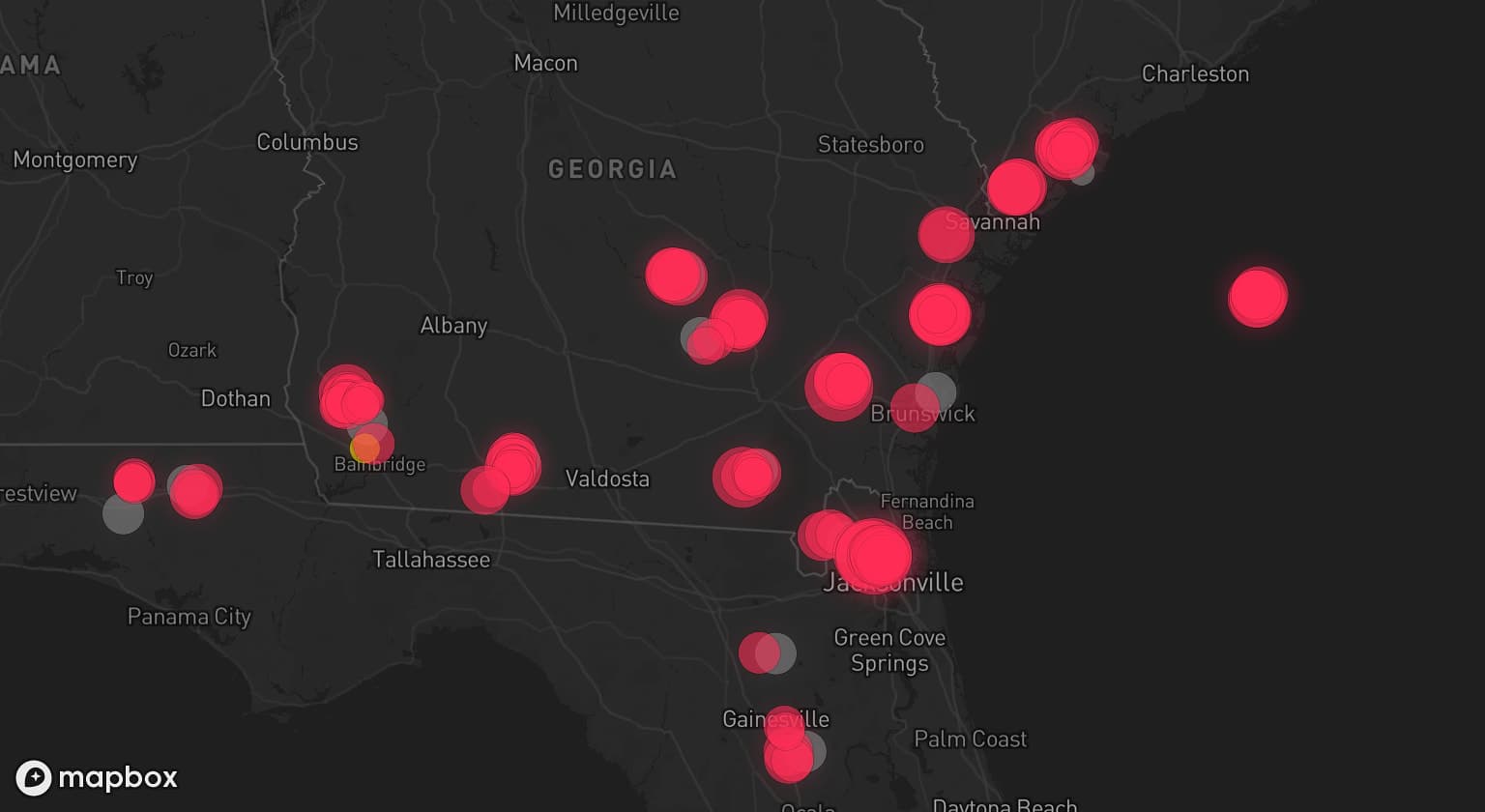 Storm map for 14 areas across Georgia, Florida, and South Carolina