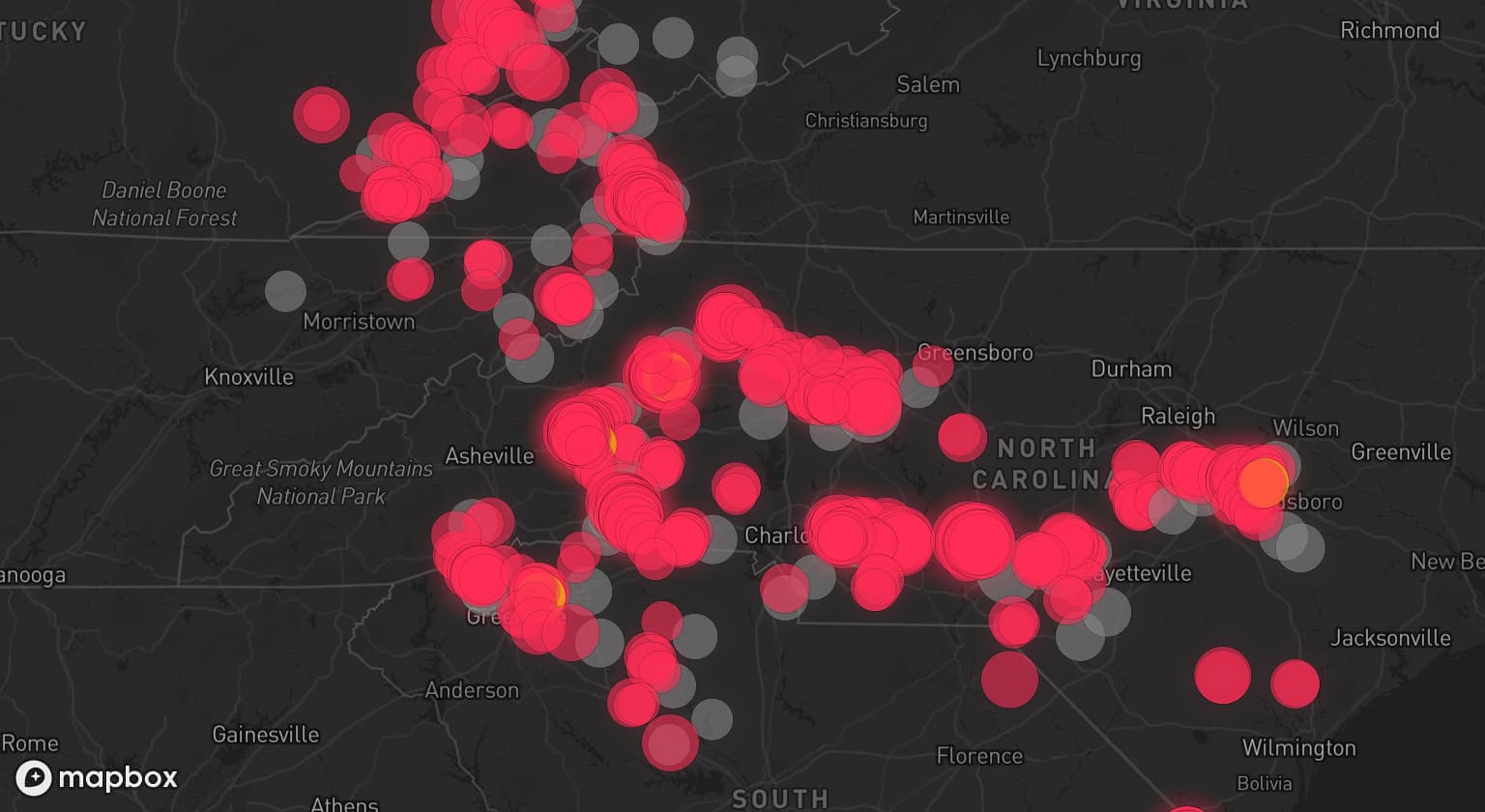Storm map for 63 areas across North Carolina, South Carolina, Virginia, West Virginia, Tennessee, and Kentucky