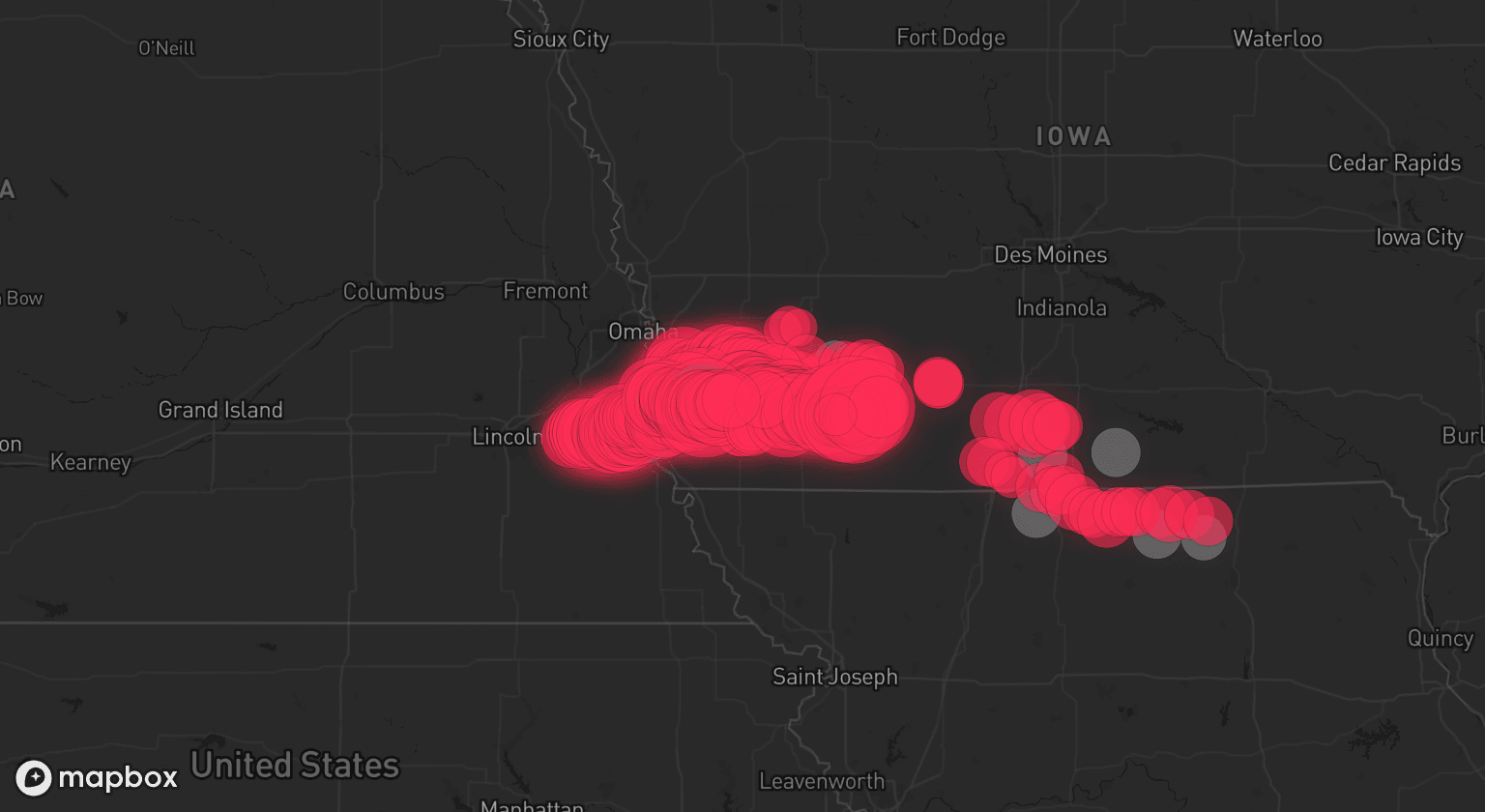Storm map for 11 areas across Iowa, Nebraska, and Missouri