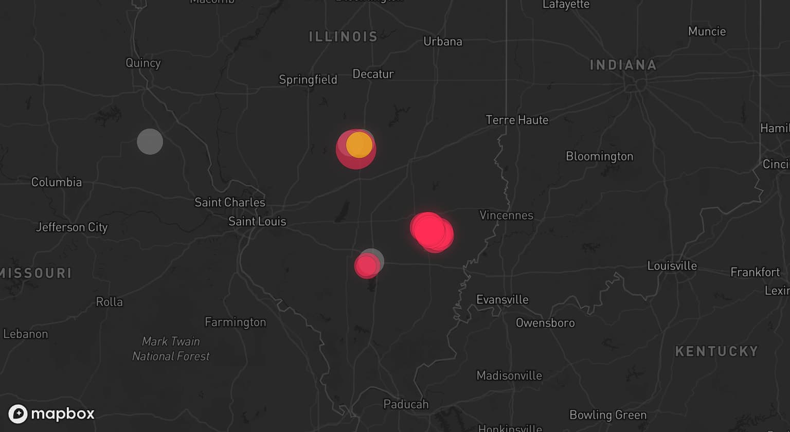 Storm map for 5 areas across Illinois and Missouri