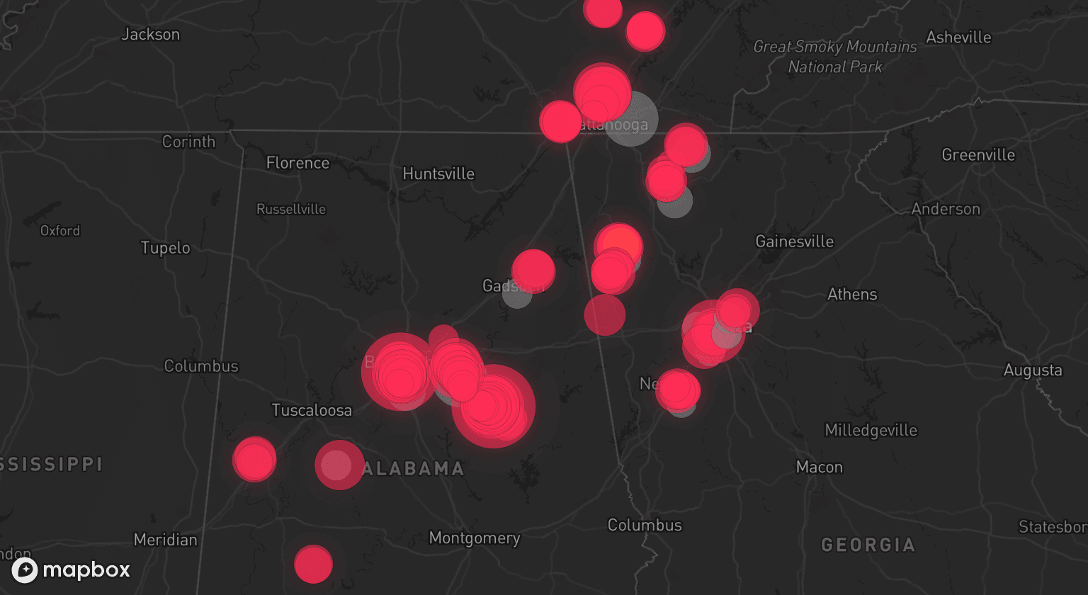 Storm map for 16 areas across Alabama, Tennessee, and Georgia