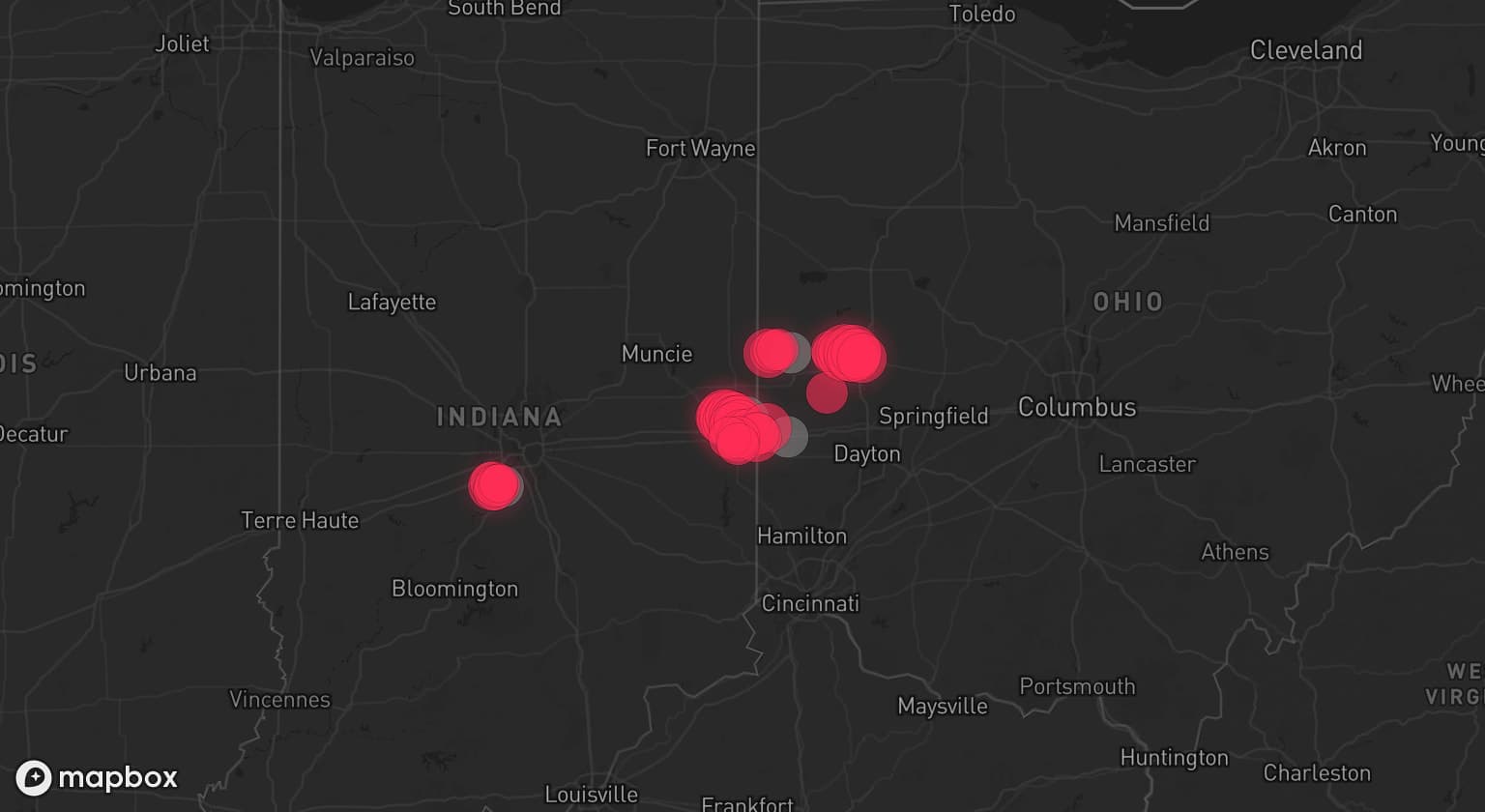 Storm map for 5 areas across Indiana and Ohio